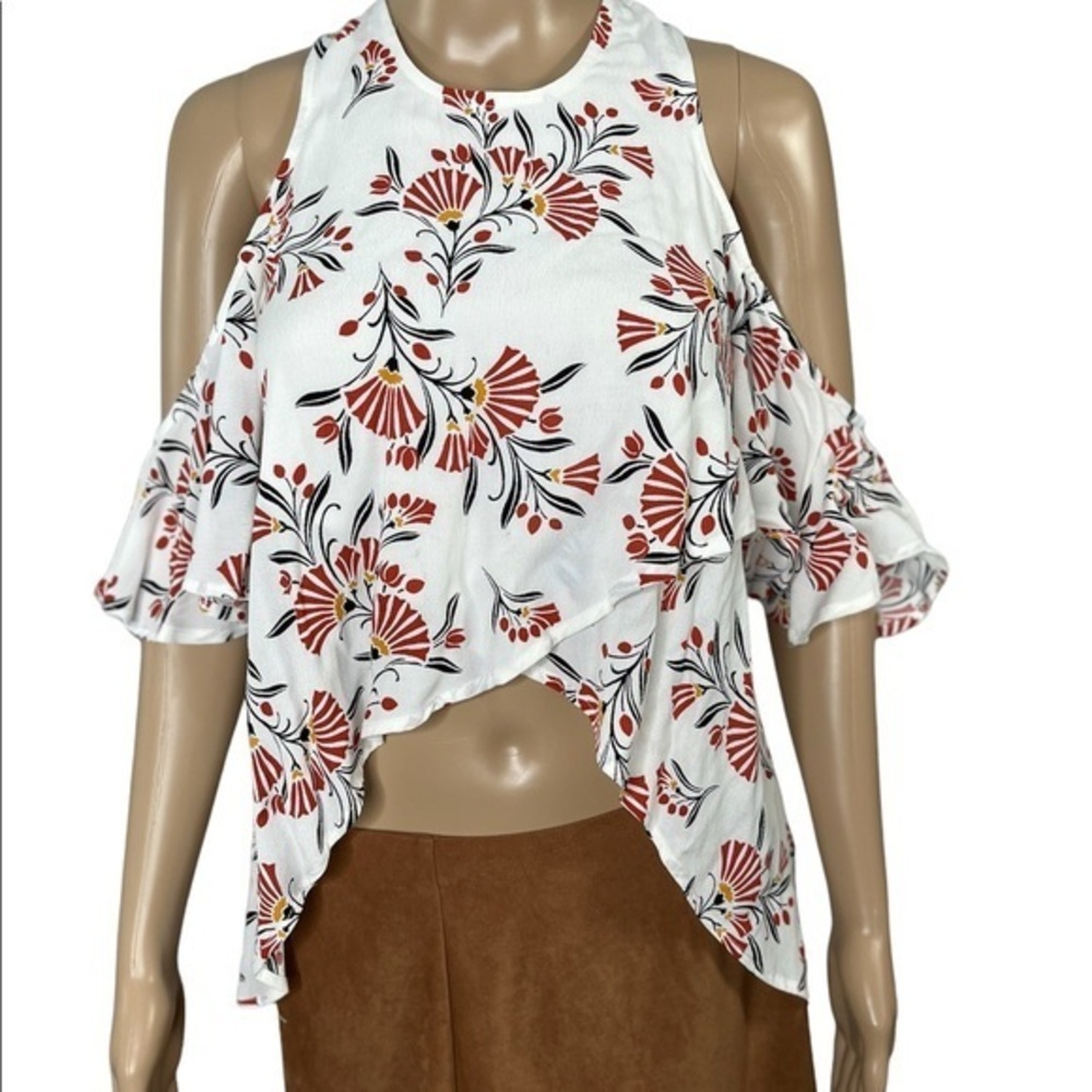 Olivaceous cold shoulder flowery blouse, sz S